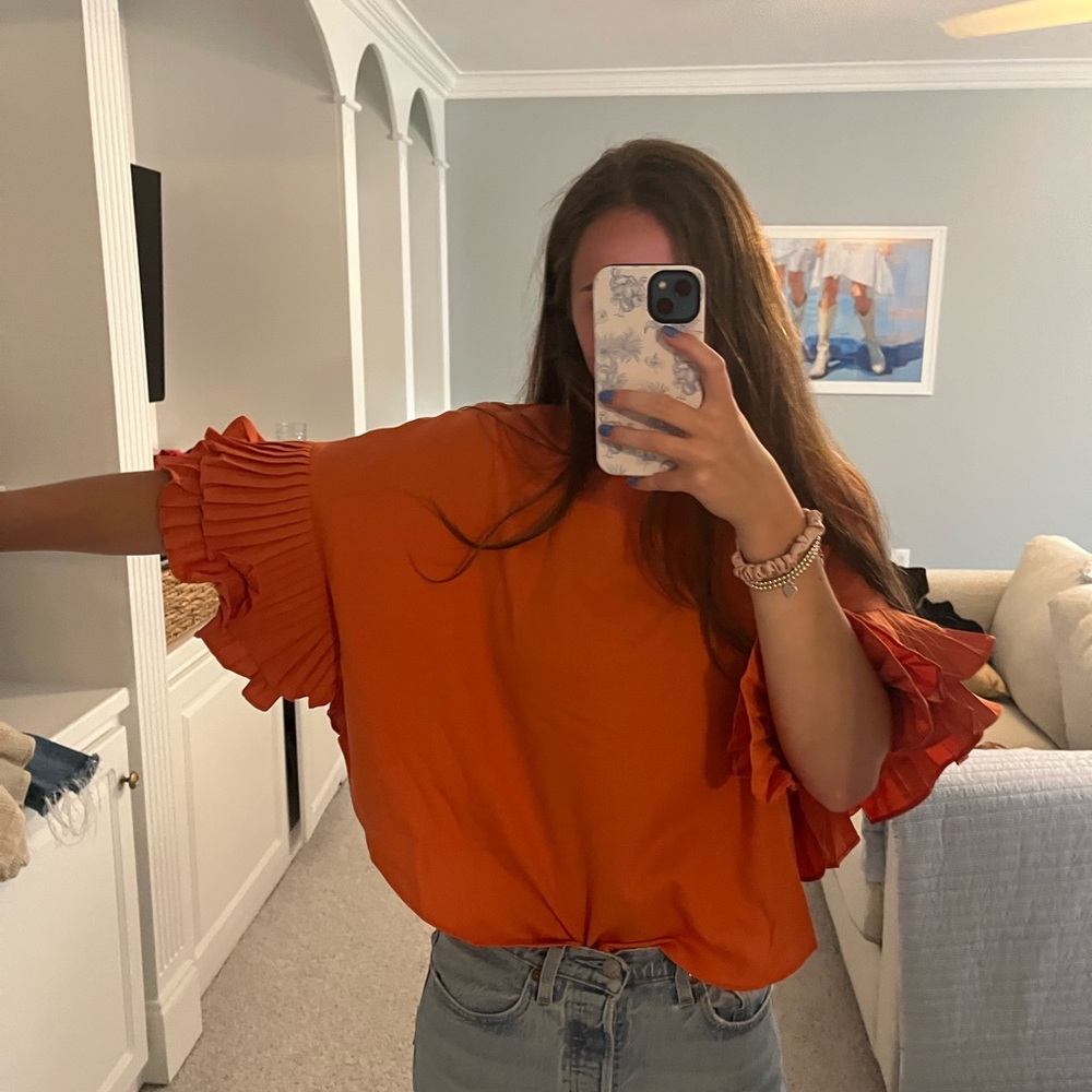 ORANGE RUFFLE SLEEVE TEE SHIRT - Picture 3 of 4